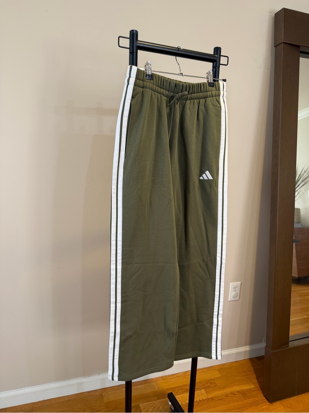 Adidas Women’s Olive Green Track Pants with White Side Stripes